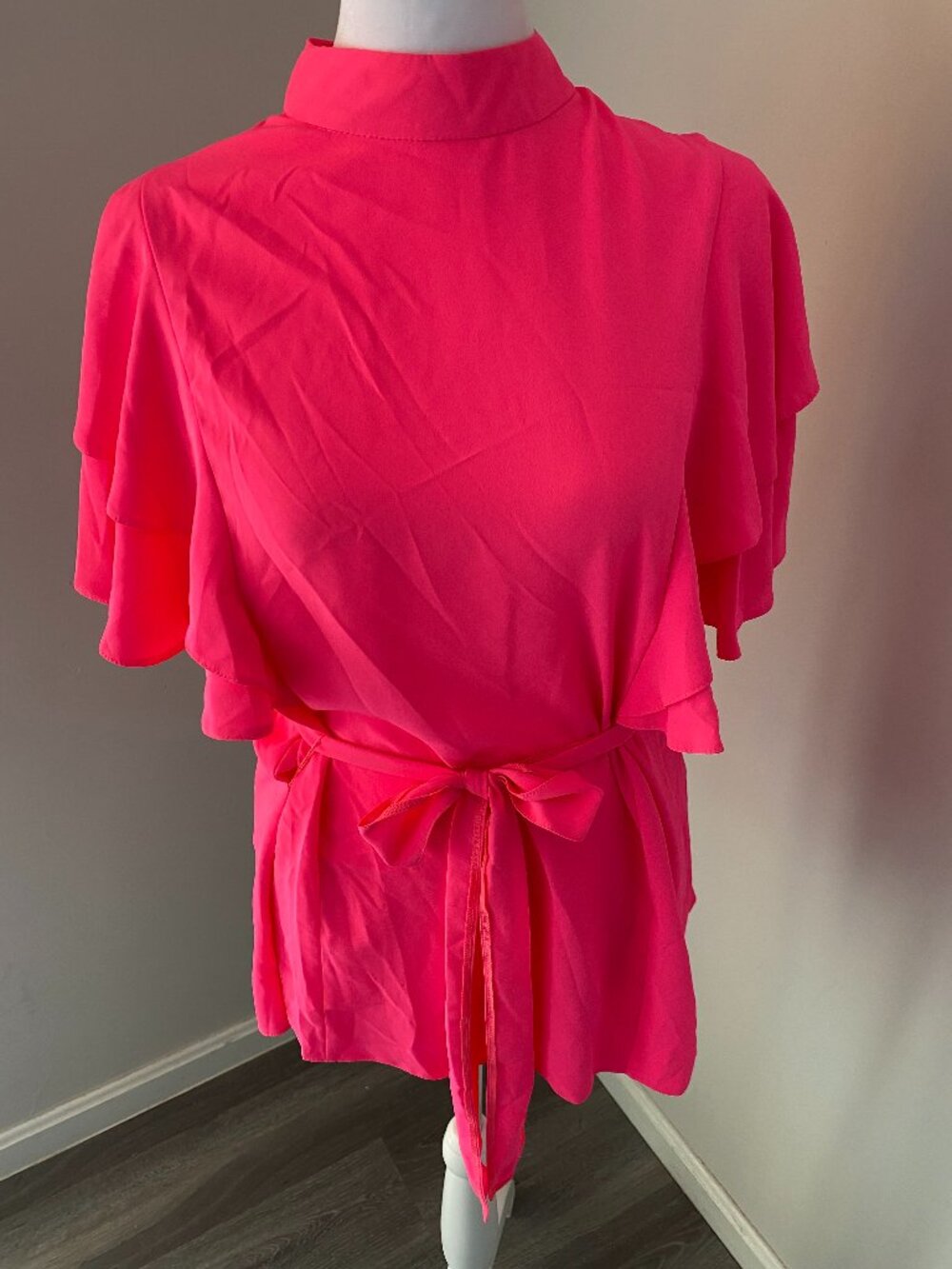 Neon Pink High Neck Ruffle Sleeve Blouse